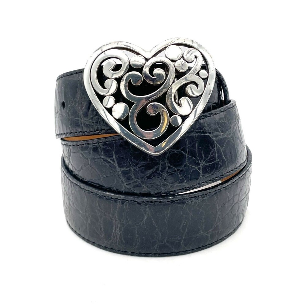 Vintage Brighton Black Croc Embossed Leather Belt Heart Scroll Buckle USA Sz 38